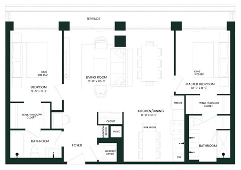 Floor plan for 2 beds, 2 baths, 996 sqft